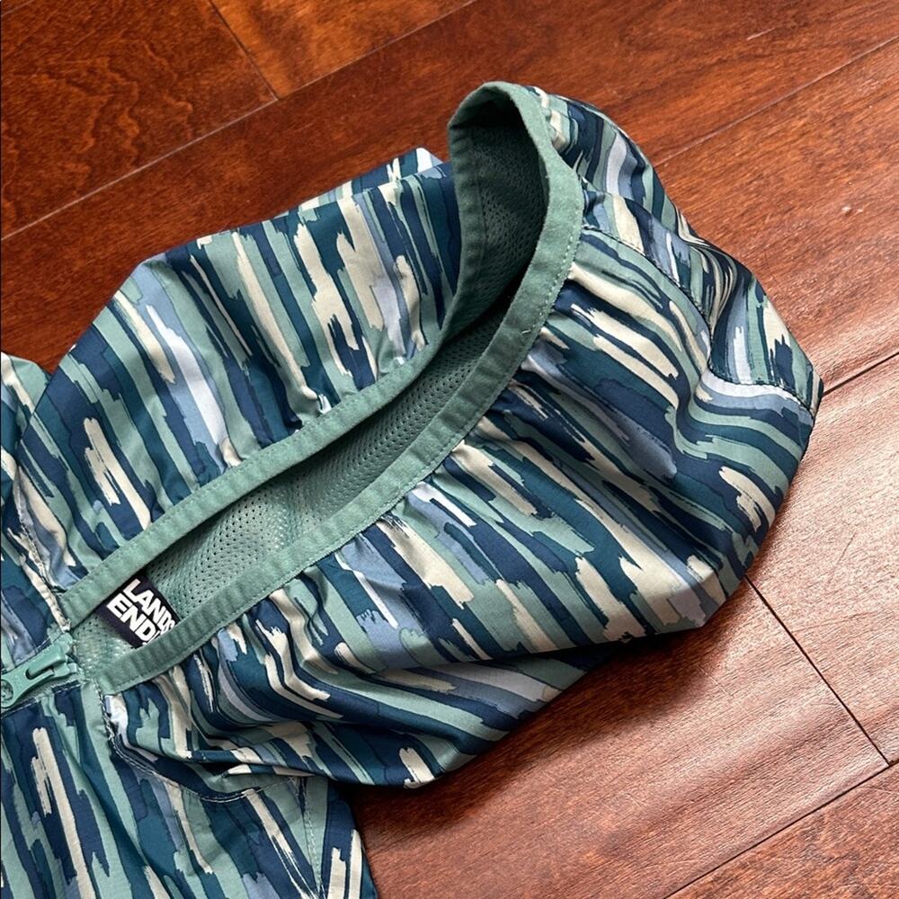 Lands' End Kids Teal Striped Hooded Windbreaker, Packable, Size Large 10-12 - Picture 3 of 14